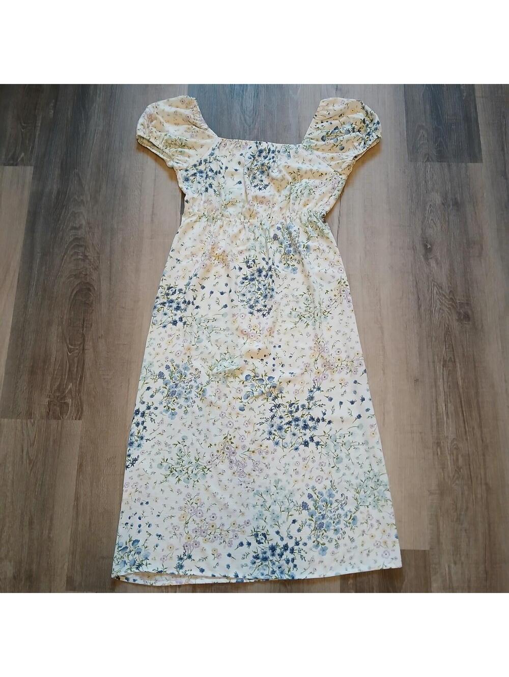 Monteau Floral Print Short Sleeve Dress Small Lace Edged V-Neck Midi Shift Pullo - Picture 4 of 9